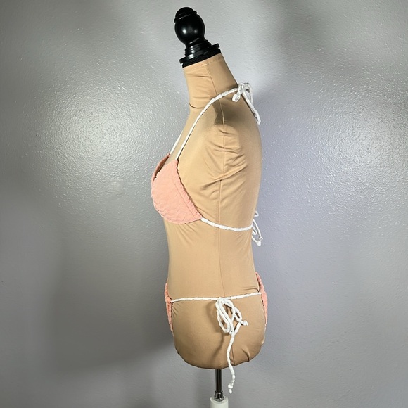 Peach terry cloth Y2K textured ring linked tie string beach vacation bikini sz S - Picture 2 of 6